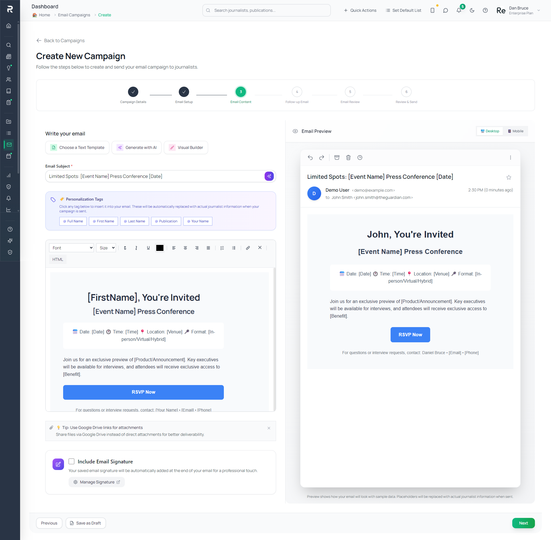 PressReacher email campaigns